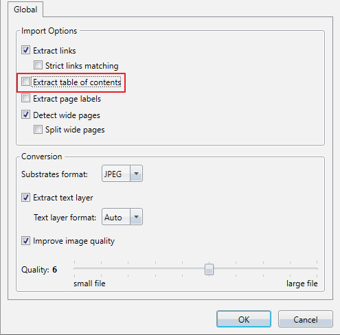 Deselecting the Extract table of contents option